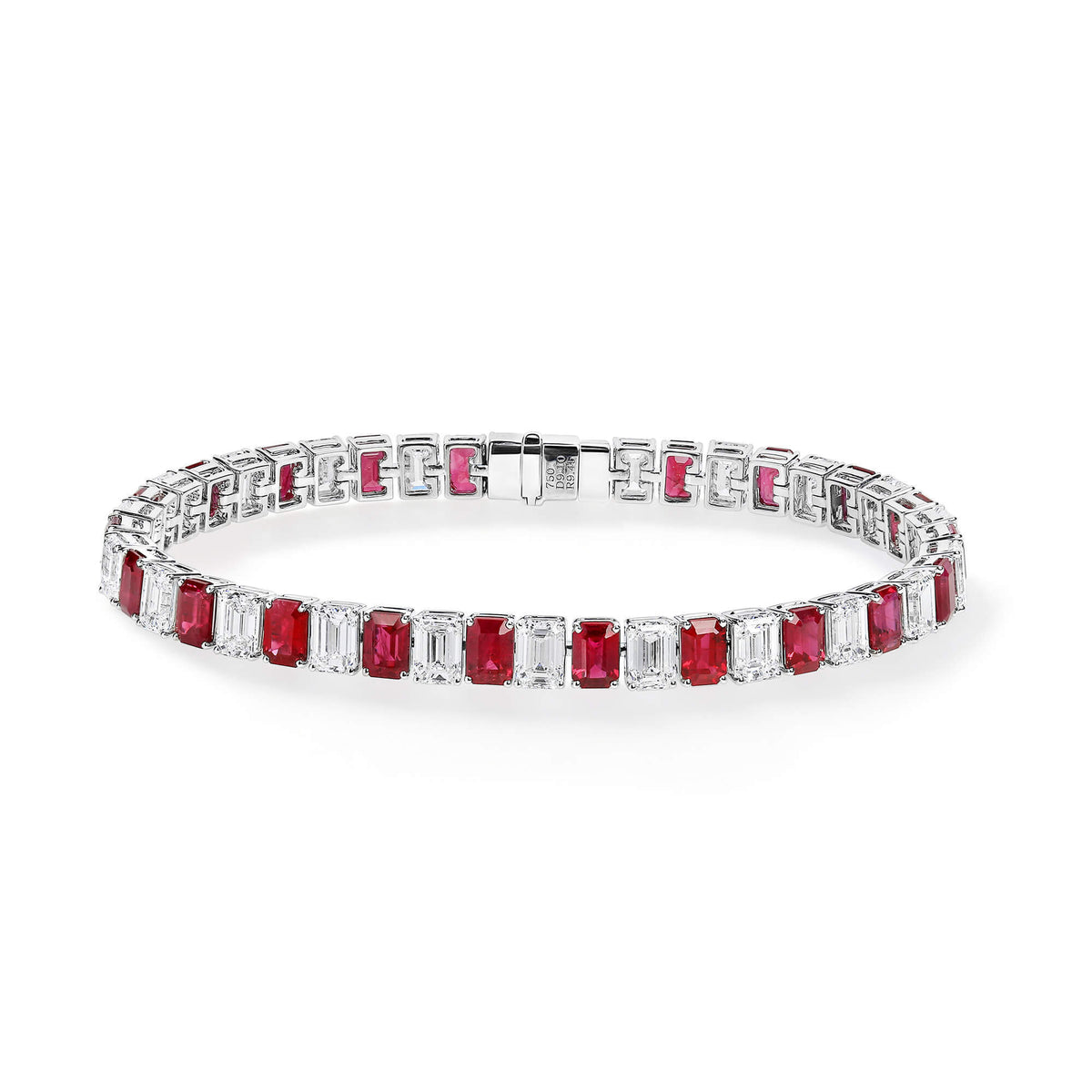 Natural 18.55 Ct. TW Emerald-Cut Ruby & Diamond Bracelet, 18K White Gold