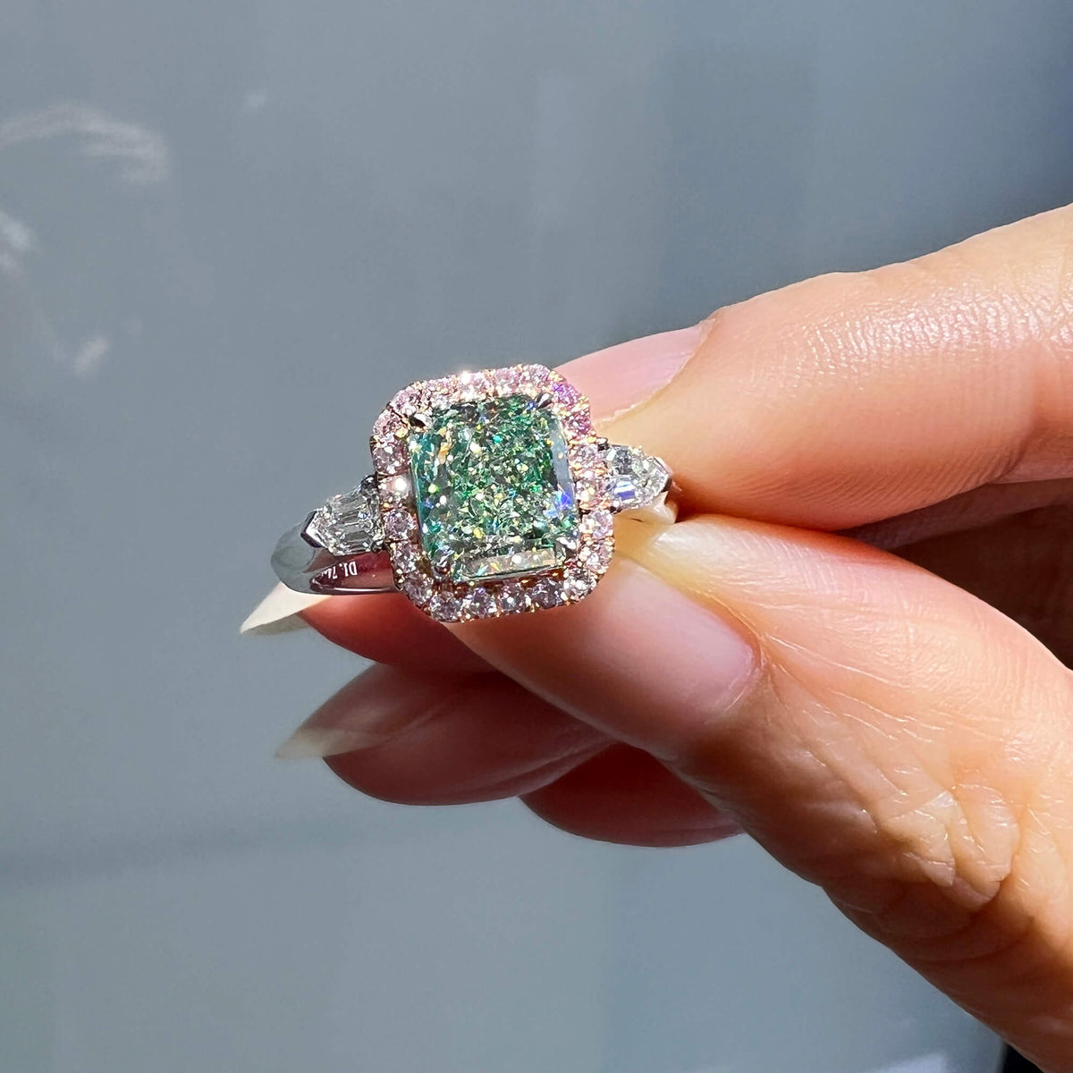 Natural 2.26 Ct. TW Grayish Yellowish Green Radiant-Cut Diamond Halo Ring, 18K White & Rose Gold