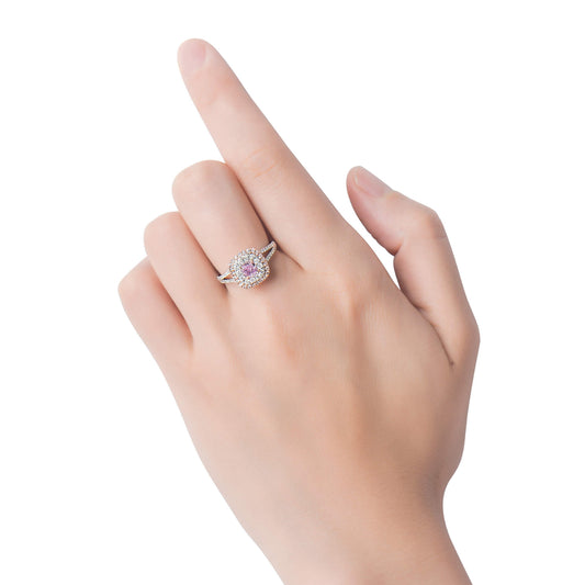 טבעת Halo משובצת יהלום ורוד טבעי, זהב לבן ורוד 18 קראט, קושן, 1.07 קראט