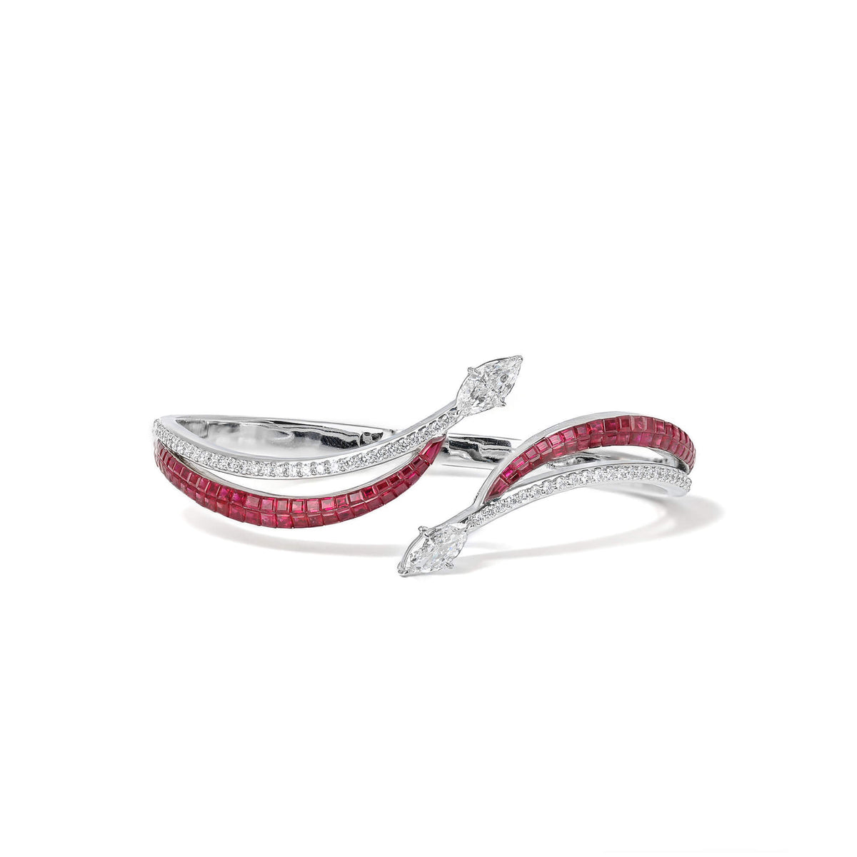 Natural 5.67 Ct. TW Marquise-Cut Diamond & Ruby Bangle Bracelet, 18K White Gold
