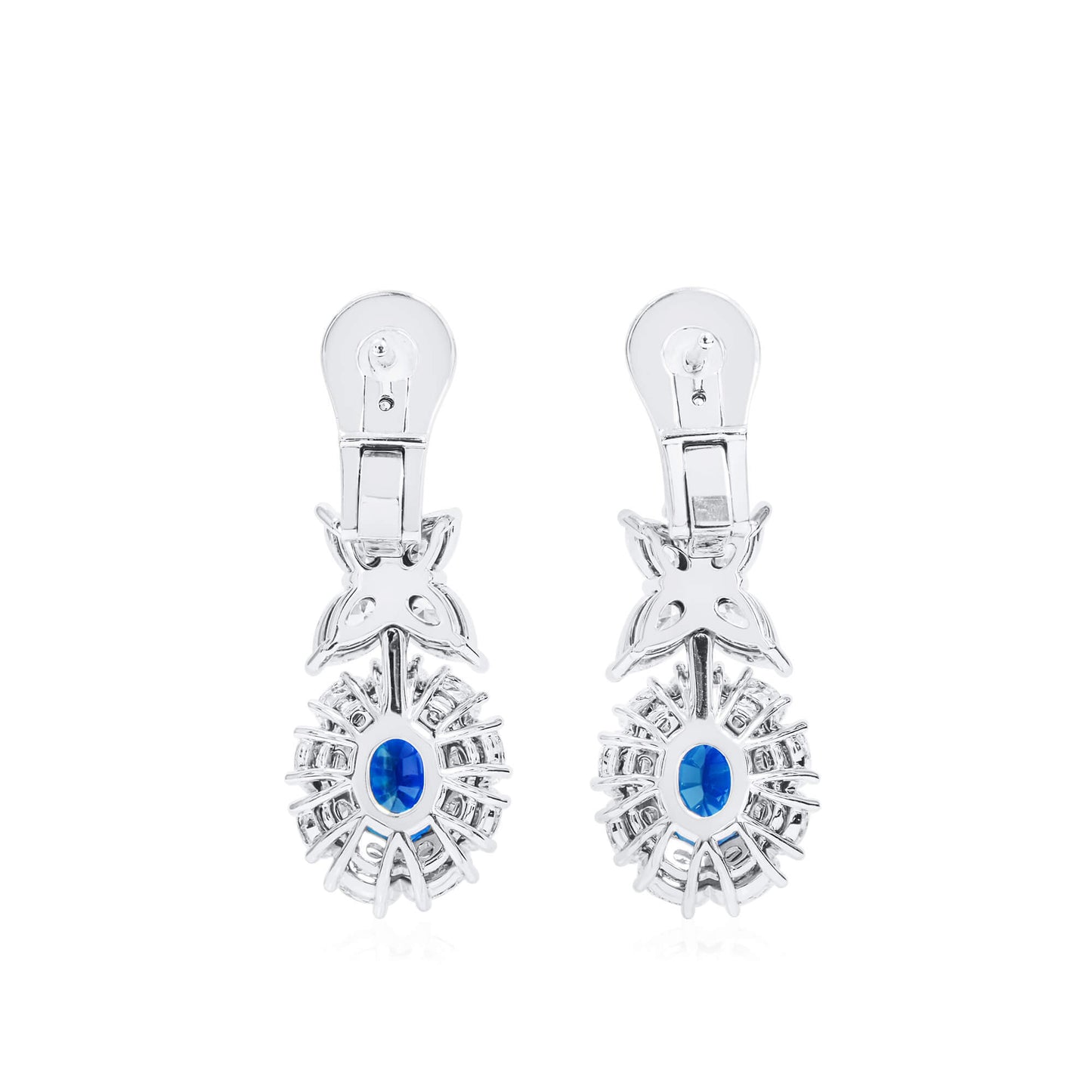 עגילים תלויים ספיר כחול בורמזי ויהלומים טבעיים, זהב לבן 18 קראט, אובלי, 8.73 קראט