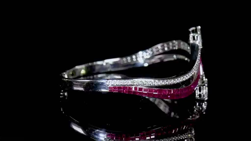 Natural 5.67 Ct. TW Marquise-Cut Diamond & Ruby Bangle Bracelet, 18K White Gold