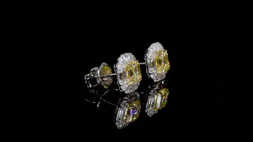 Natural 5.93 Ct. TW Yellow (O-P) Asscher-Cut Diamond Halo Earrings, 18K White Gold